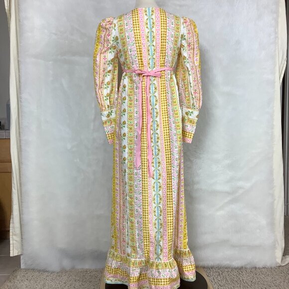 Vintage 70s Yellow, Pink, White Floral Hearts Long Sleeve Peasant  Dress - Picture 4 of 7